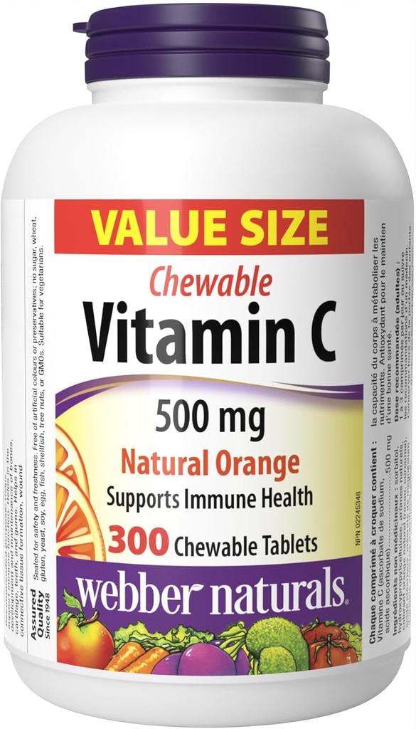 Webber Naturals Vitamina C, 300 Tablas Naranjas Chewable, 500 mg de Vitamina C Por Tabla, Huesos, Dientes, Inmune y Apoyo Antioxidante