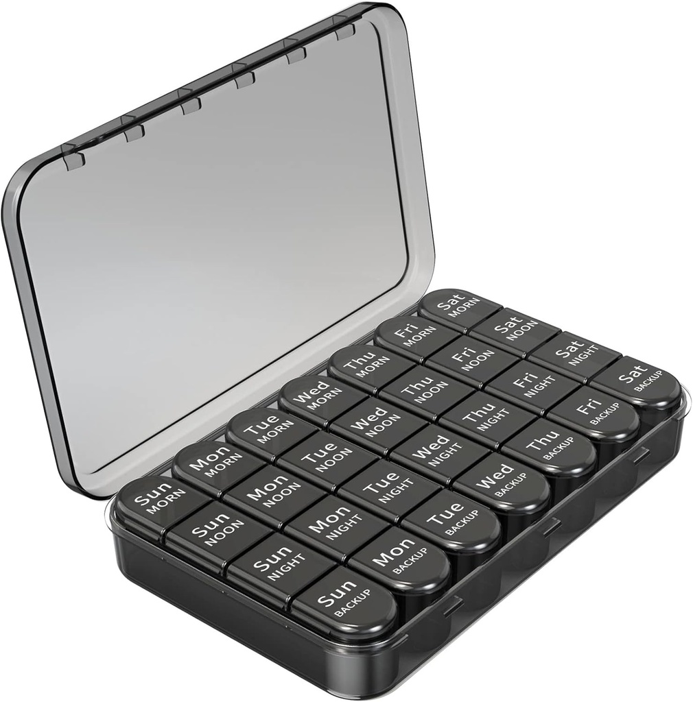 Organizador semanal de píldoras Daviky 4 veces al día, caja grande de capacidad de 7 días, organizador diario de medicina para viajar con 28 Compartimiento para mantener medicamentos, vitamina y suplemento (negro)