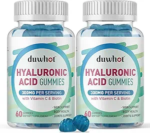 Gummies de ácido hialurónico, Suplementos de ácido hialurónico con vitamina C & Biotina 5000mcg para la piel, el cabello, salud de uñas, suplementos conjuntos para hombres de mujeres, bajo azúcar, vegano, no GMO, 60 condes