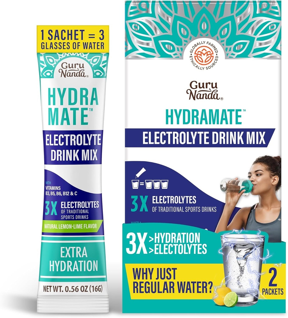 GuruNanda Hydramate Hydration Support Drink Mix - Electrolyte Powder Packets for Dehydration, Exercise & Energy - No Añadido Sweeteners, Non-GMO, Natural Lemon Lime Flavor - 2 Count (0,56 oz Cada uno)