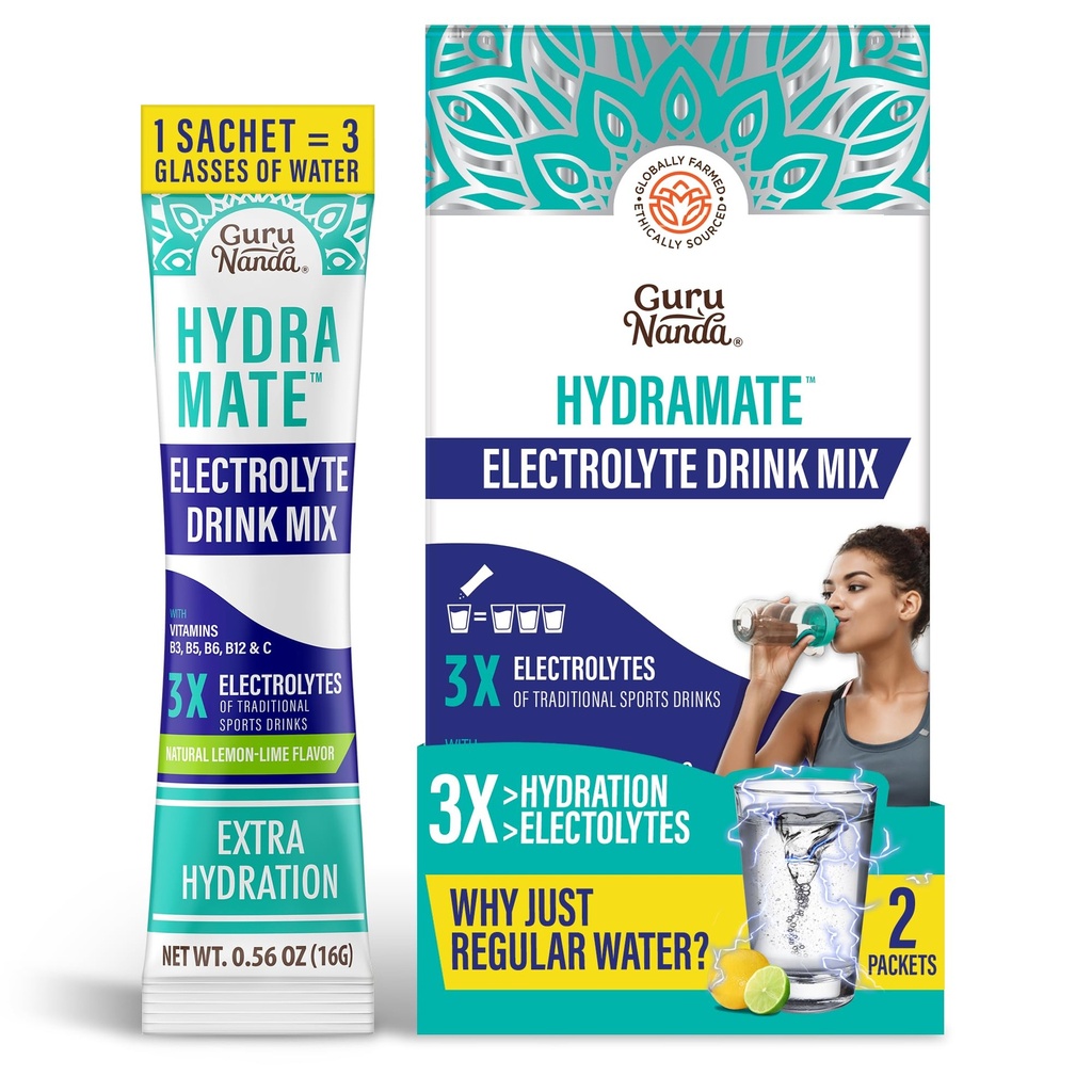 GuruNanda Hydramate Hydration Support Drink Mix - Electrolyte Powder Packets for Dehydration, Exercise & Energy - No Añadido Sweeteners, Non-GMO, Natural Lemon Lime Flavor - 2 Count (0,56 oz Cada uno)