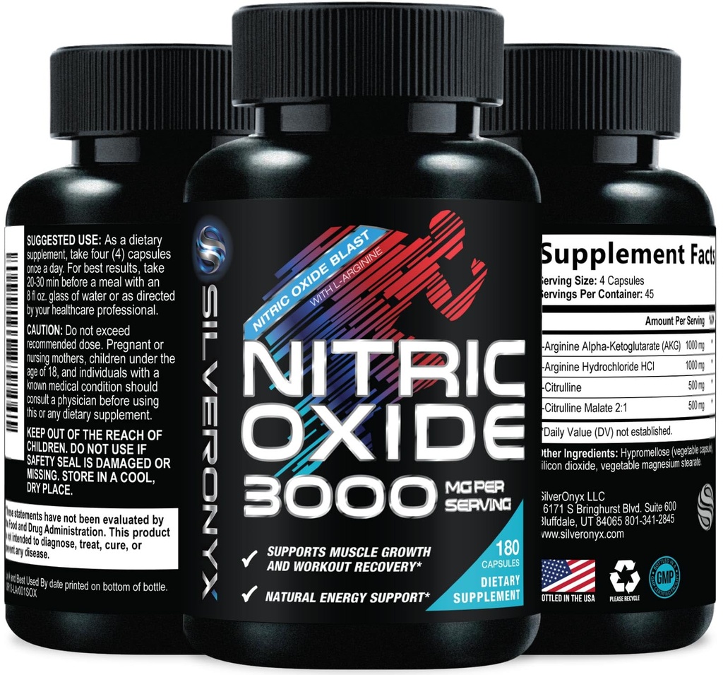 Extra Strength Nitric Oxide Suplemento 3X Strength L Arginine, Citrulline Malate, AAKG, Beta Alanine - Premium Muscle Support Nitric Booster - Natural Energy & Heart Health Support - 180 Capsules