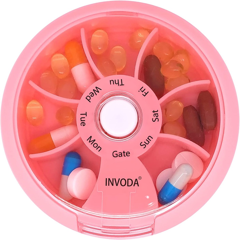 INVODA Organizador semanal de píldoras 7 Caja de Píldora rotativa para medicamentos diarios & vitaminas - Caja de Píldora de Viaje Portable Suplementos de aceite de pescado Vitaminas Organizador (Pink)
