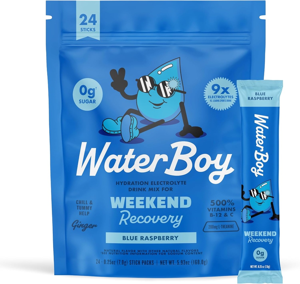 Waterboy Weekend Recovery ← 3,200mg Electrolyte Powder Packets  Ginger + L-Theanine + Vitamins ← No Sugar, All Natural, Gluten Gratis ← 24 Bebidas Stick Mixes (Blue Raspberry)