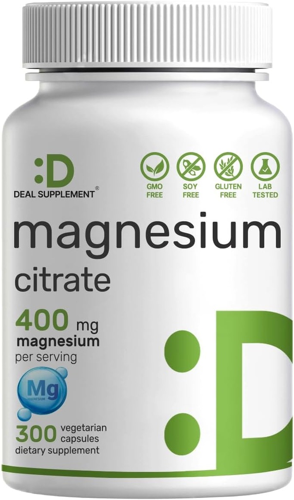 Citrate de magnesio 400mg Por Serving, 300 cápsulas de verduras - Chelated, Easily Absorbed, Purified Trace Mineral – Muscle, Heart, " Digestive Support – Non-GMO