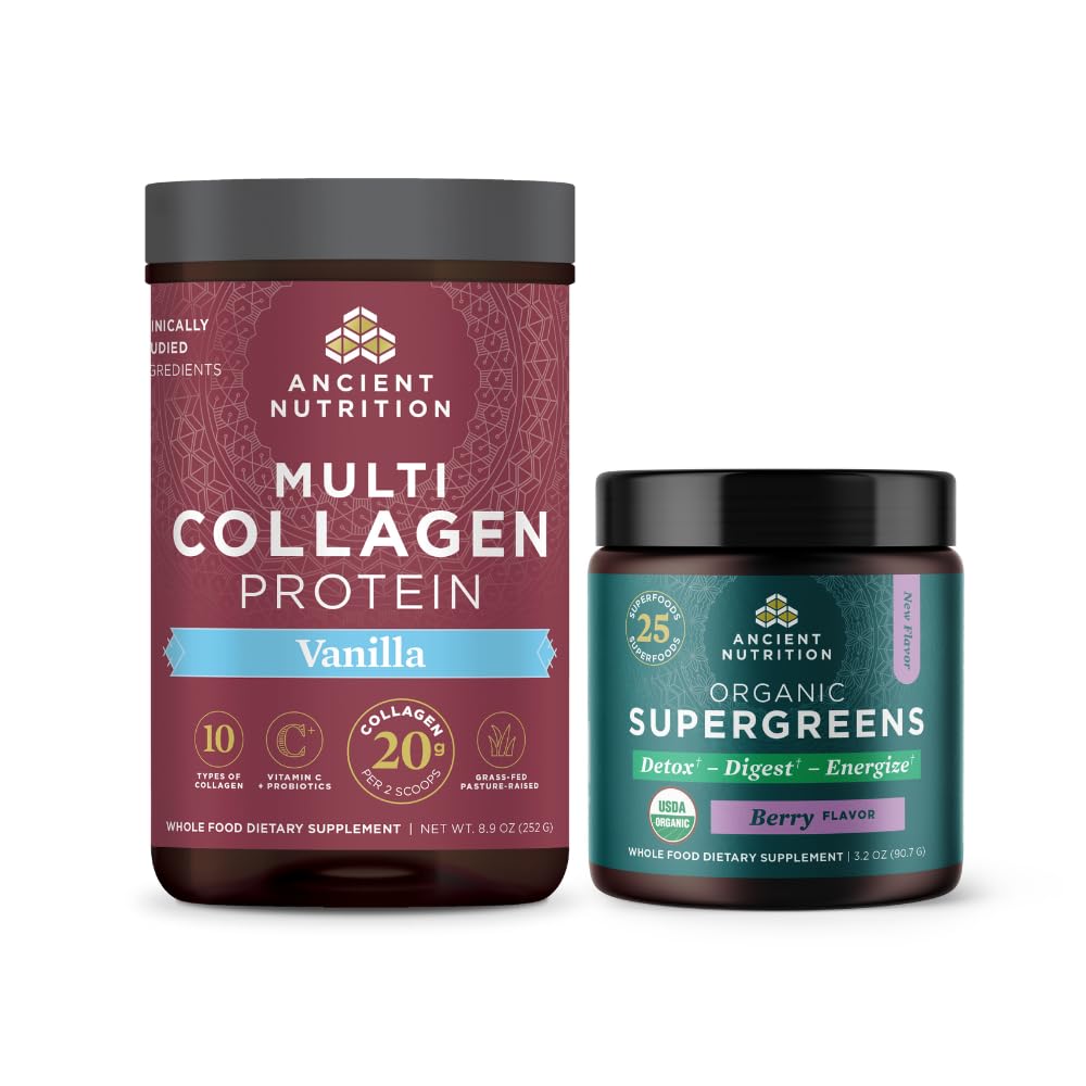 Ancient Nutrition Multi Collagen Protein Powder, Vanilla, 24 Servings + Organic Supergreens Powder, Berry, 12 Servings