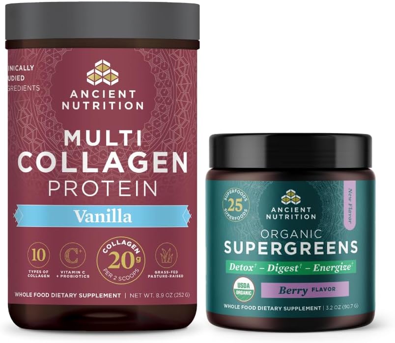 Antigua Nutrición Multi Collagen Proteína Polvo, Vainilla, 24 Servimientos + Pólvora de Supergreens Orgánico, Berry, 12 Servimientos
