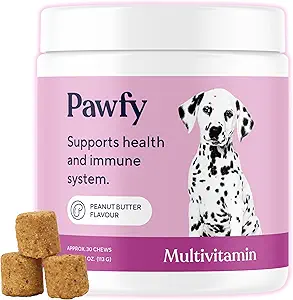 Pawfy Dog Multivitamins 15 en 1 Silencio Dog Vitamins for Skin & Coat - Supports General Wellness ← Advanced Senior Dog Supplements from Occasional Itching ← Puppy Tasty Vitamin C Chews - 30 Conde