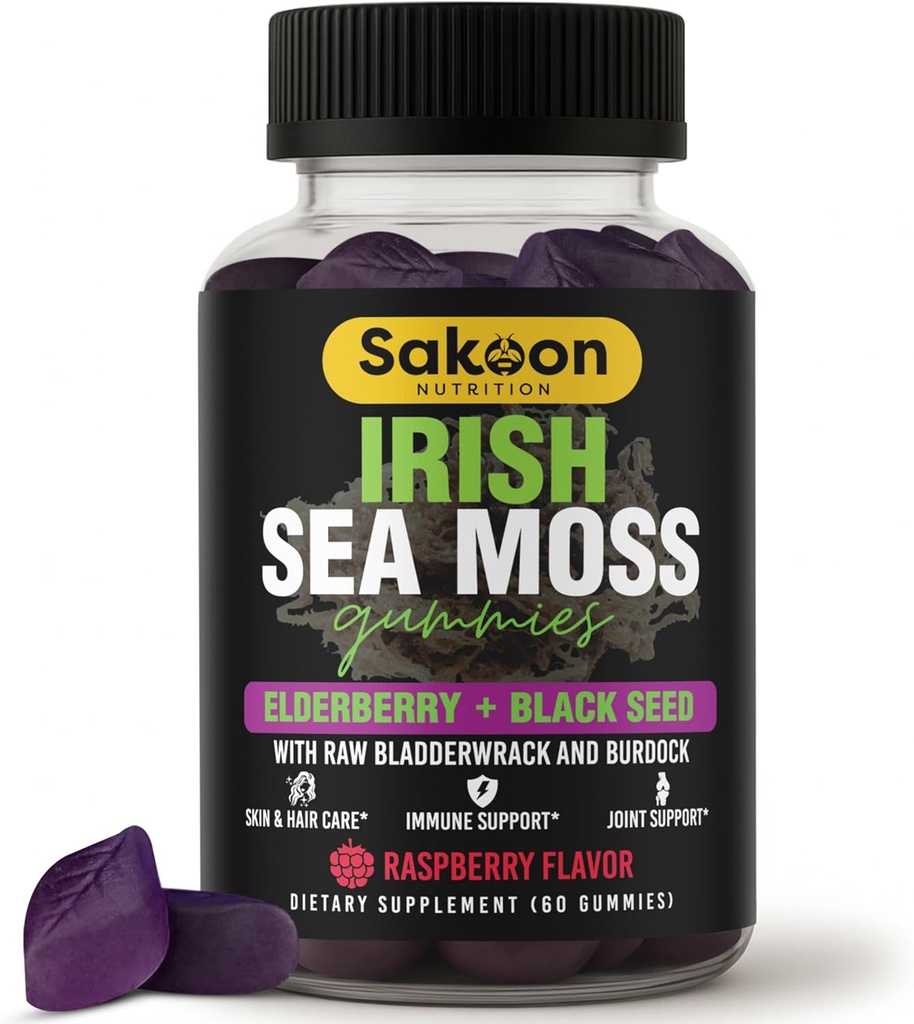Mar irlandés Moss Gummies with Elderberry &amp; Black Seed Oil - Wellness general Apoyo ← Rich in Vitamins, Raspberry Flavor ← 60 Gummies