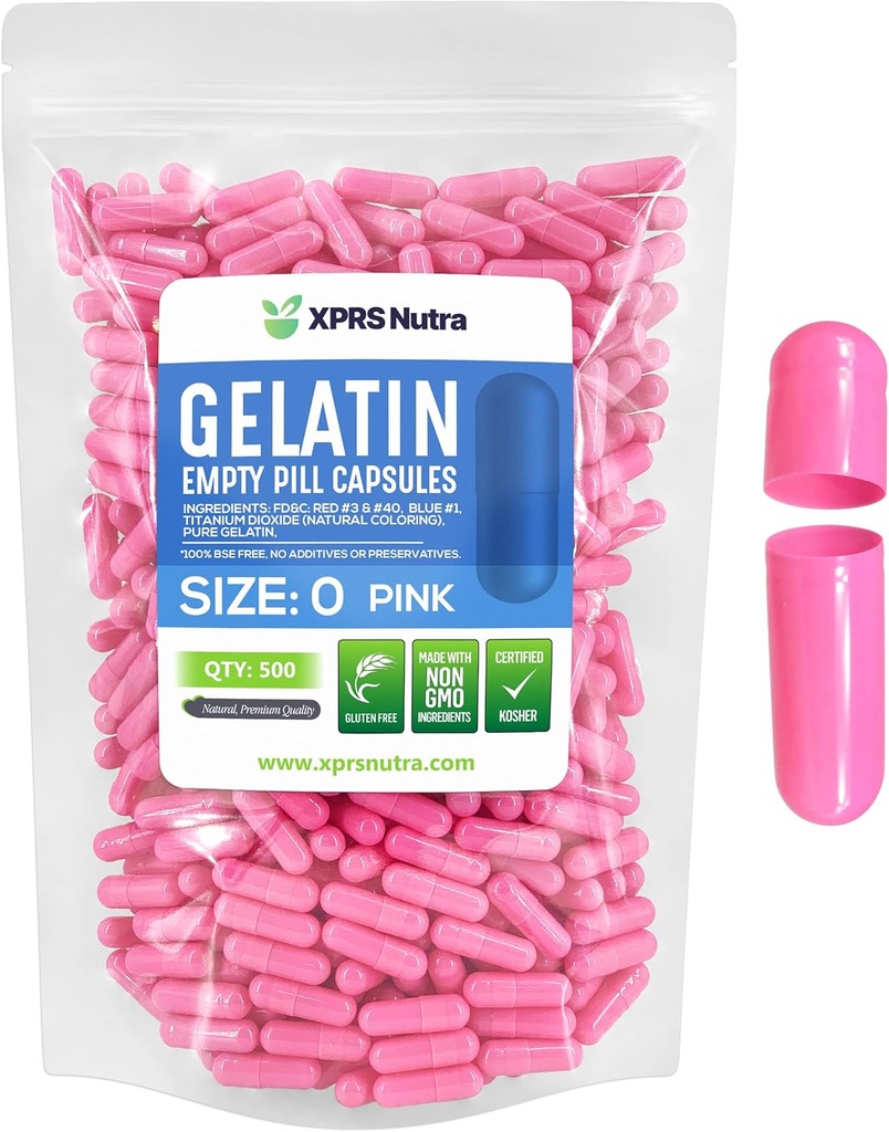 XPRS Nutra Size 0 Empty Capsules - 500 Count Empty Gelatin Capsules - Pills for DIY Capsule Filling - Pure Bovine Pill Gel Caps for Do-It-youself Supplements (Pink)