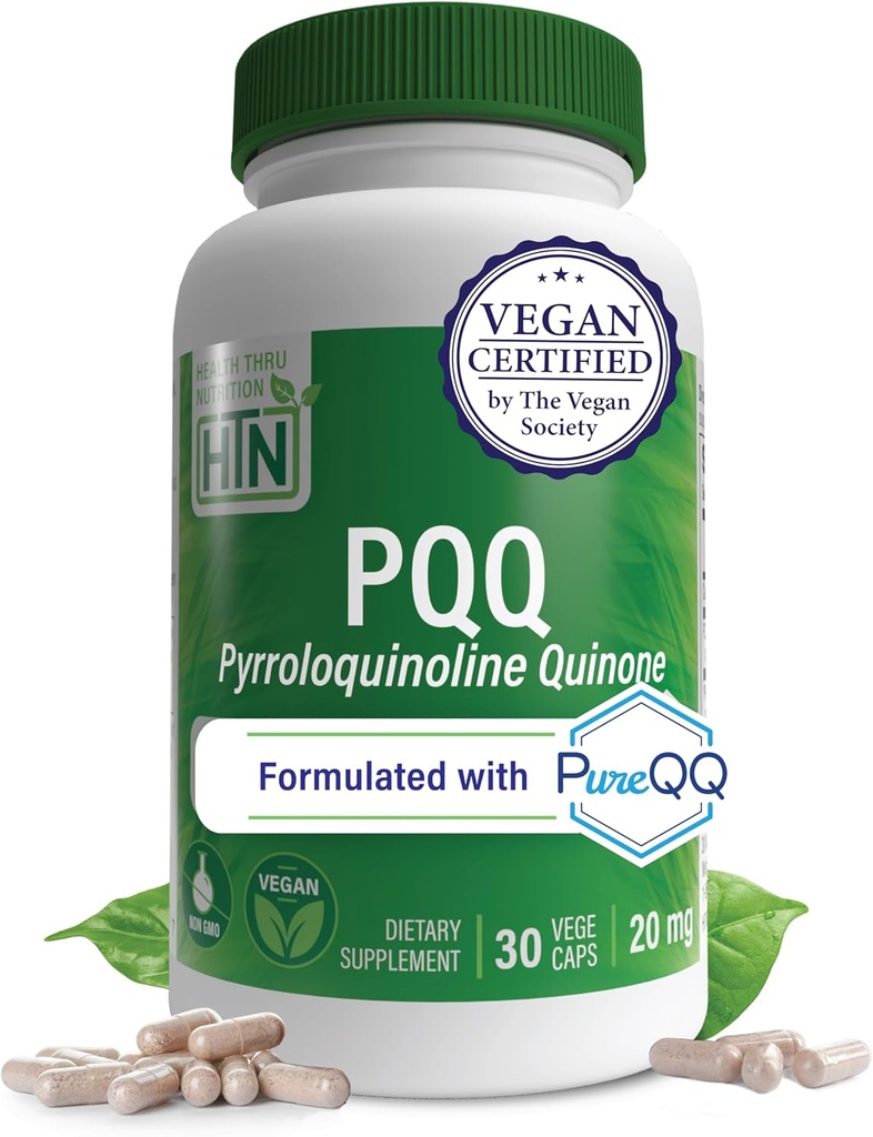 Salud Thru Nutrition PQ 20mg 30 Servidores Pyrroloquinoline Quinone como PureQQQ ← Promueve la Biogenesis Mitocondrial ANTE Certified Vegan ← No Gluten Soy Capsules Libres de Soja Vida Limpia Label PQ Suplemento