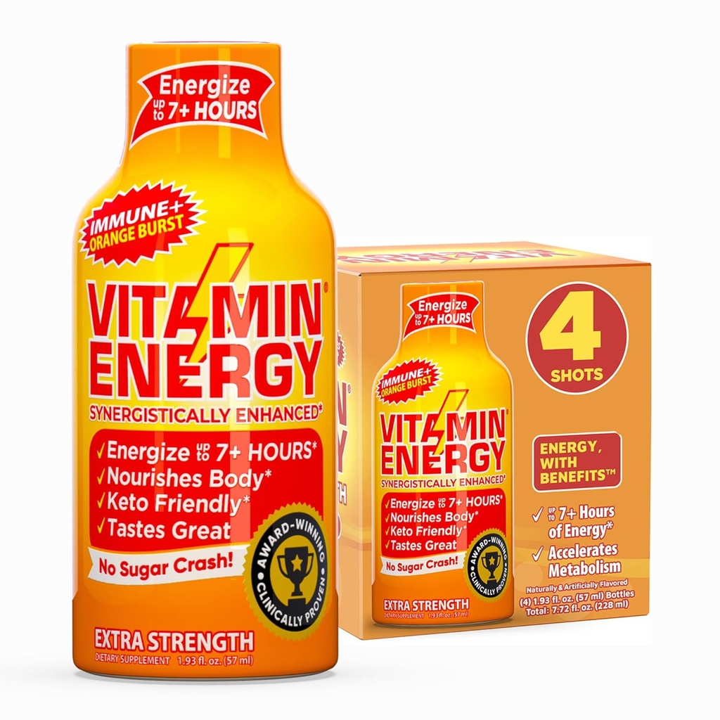 Vitamin Energy Immune+ Extra Strength Energy Shot – Orange Burst – 100% DV B-Vitamins " 260mg Caffeine – Zero Calories, Sugar-Free, Vegan, – Immunity & Energy Support – 1,93 fl oz, 4-Pack