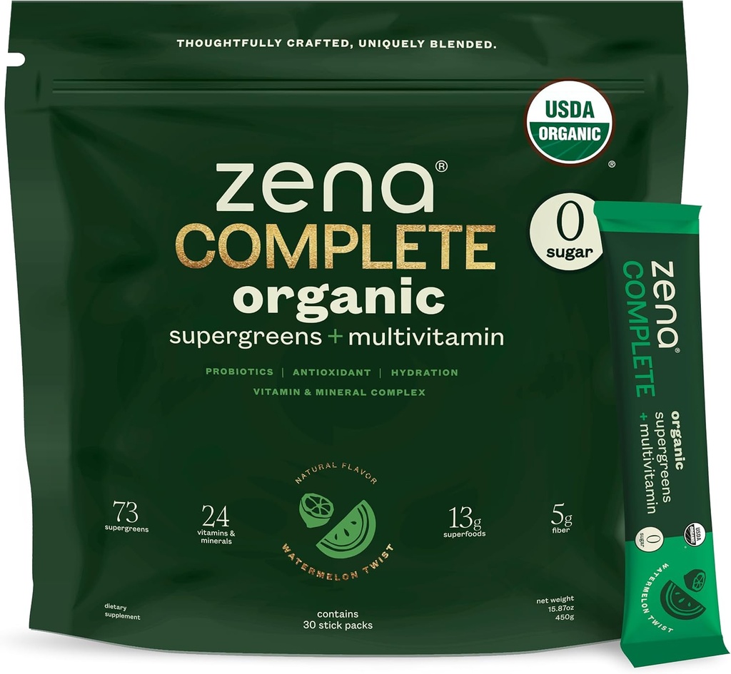 Zena completa ecológica Super Verdes Polvo &amp; Multivitamínico, 90+ Superverde, Frutas, verduras, 0 Azúcar, 5G Fibra, Pre &amp; Probióticos, Watermelon Citrus Flavor, 30 Packets