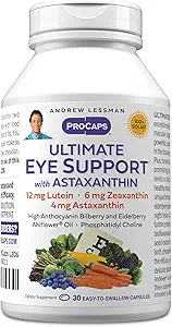 ANDREW LESSMAN Ultimate Eye Support with Astaxanthin 30 Softgels - 12mg Lutein, 6mg Zeaxanthin, 4mg Astaxanthin, Bilberry. Nutrientes clave para apoyar la salud de los ojos, promover una visión saludable. No hay aditivos