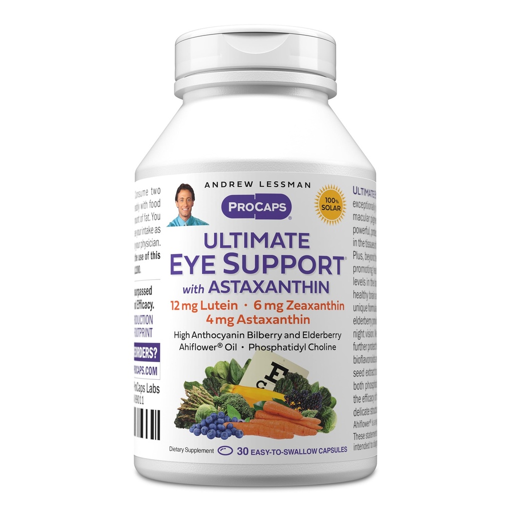 ANDREW LESSMAN Ultimate Eye Support with Astaxanthin 30 Softgels - 12mg Lutein, 6mg Zeaxanthin, 4mg Astaxanthin, Bilberry. Nutrientes clave para apoyar la salud de los ojos, promover una visión saludable. No hay aditivos