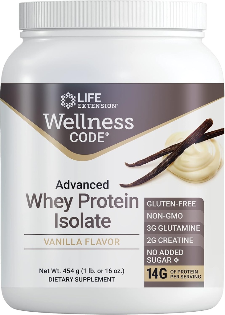 Life Extension Wellness Code Advanced Whey Protein Isolate - Vanilla Flavor - Protein Shake Mix Powder for Muscle Growth & Immune Health Support - Gluten Free, Non-GMO, Sugar Free - 454g - 20 Servings