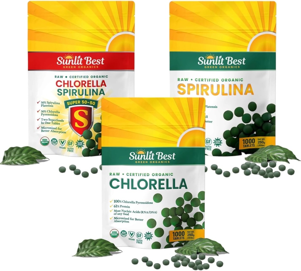 Sunlit Best Ultimate Chlorella & Spirulina Bundle ← Super Greens Suplementos para Immune Support, Gut Health, Mood & Energy