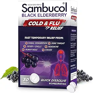Sambucol Cold y Flu Relief Tablets - Homeopática de medicina fría, Remedy para adultos, Black Elderberry for Colds, Zinc Remedy - 30 Conde