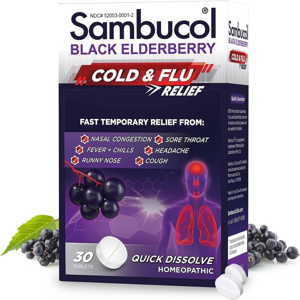 Sambucol Cold y Flu Relief Tablets - Homeopática de medicina fría, Remedy para adultos, Black Elderberry for Colds, Zinc Remedy - 30 Conde
