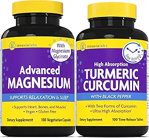 Magnesio " Curcumin Bundle: InnovixLabs Advanced Magnesium (150 cápsulas de liberación del tiempo) InnovixLabs Turmeric Curcumin (100 tabletas de liberación del tiempo). Promueve la relajación, los huesos, el músculo y la salud inmune.*