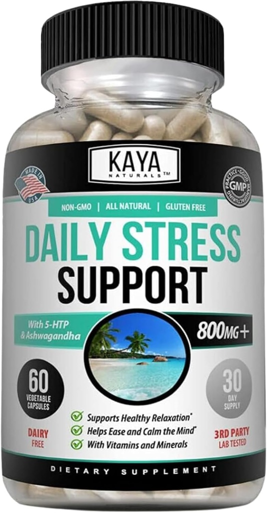 Kaya Naturals - Natural Herbal Stress Support Vitamina Suplemento para Relajar y Calmar La Mente - Boost Mood - Happy Pills - Stress Relief Support - Vitamina Suplemento - 60 cápsulas