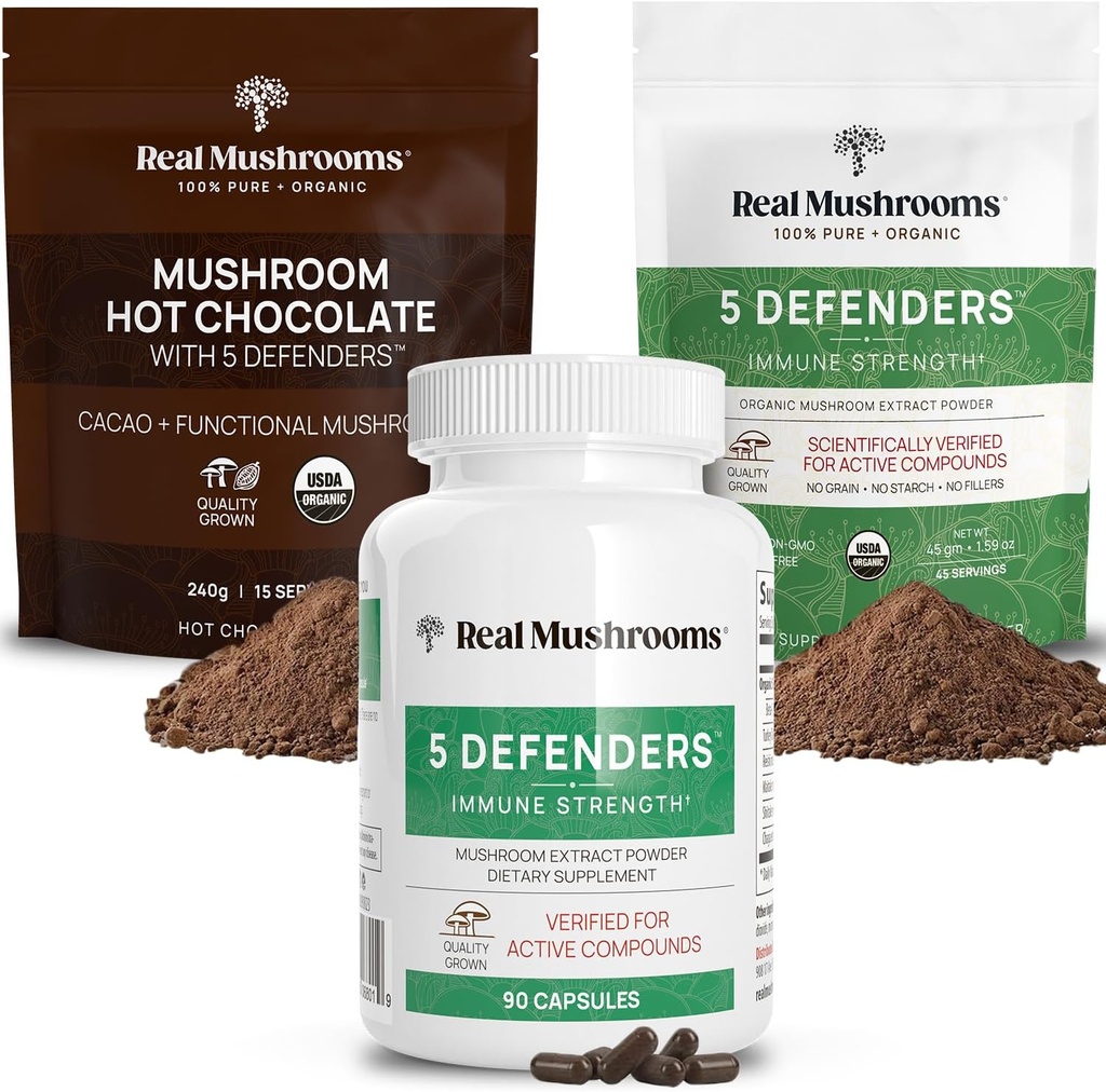 Real Mushrooms Hot Chocolate Mix (15srv), 5 Defenders Extract Powder (45srv), " 5 Defenders Supplements (90ct) Bundle to Support Immunity " Global Wellbeing - Gluten-Free, Non-GMO, Vegan