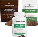 Real Mushrooms Hot Chocolate Mix (15srv), 5 Defenders Extract Powder (45srv), " 5 Defenders Supplements (90ct) Bundle to Support Immunity " Global Wellbeing - Gluten-Free, Non-GMO, Vegan
