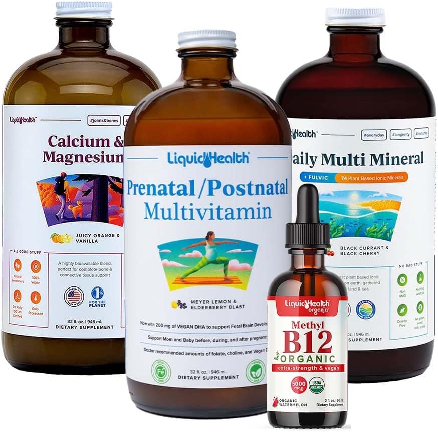 LIQUIDHEALTH Women's Health &amp; Vitality Daily Liquid Multivitamin Bundle with Prenatal/Postnatal Multivitamin, Calcium &amp; Magnesium, Daily Multi Mineral, &amp; Organic Vitamin B12 Drops - USA Made, Non-GMO