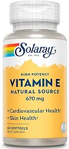 SOLARAY Vitamina E 1000 IU Softgel Capsules, 670 mg - d Alpha Tocopherol Vitamin E Suplementos - Skin Health, Heart Function and Antioxidant Support - 60-Day Guarantee - 60 Servings, 60 Softgels