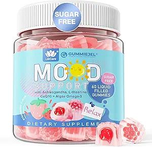 Azúcar libre Ashwagandha Calm Gummies con L-Theanine, Vitamina D3, Vegan Omega 3, CoQ10 & Rhodiola Rosea para Hombres, Natural Relax Calming Mood Suplemento, Strawberry Flavor, Vegan, 60 Gummies llenas