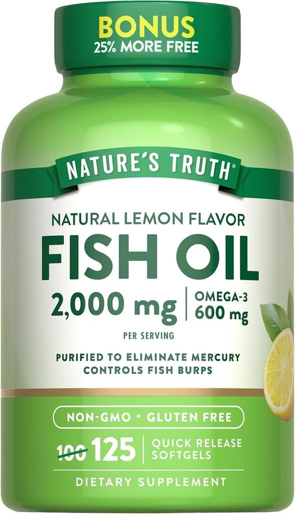 Verdad de la naturaleza Omega 3 Fish Oil 2000 mg  125 Liquid Softgels ← Burpless, Lemon Flavor Pills ← Non-GMO y Gluten Free Supplement
