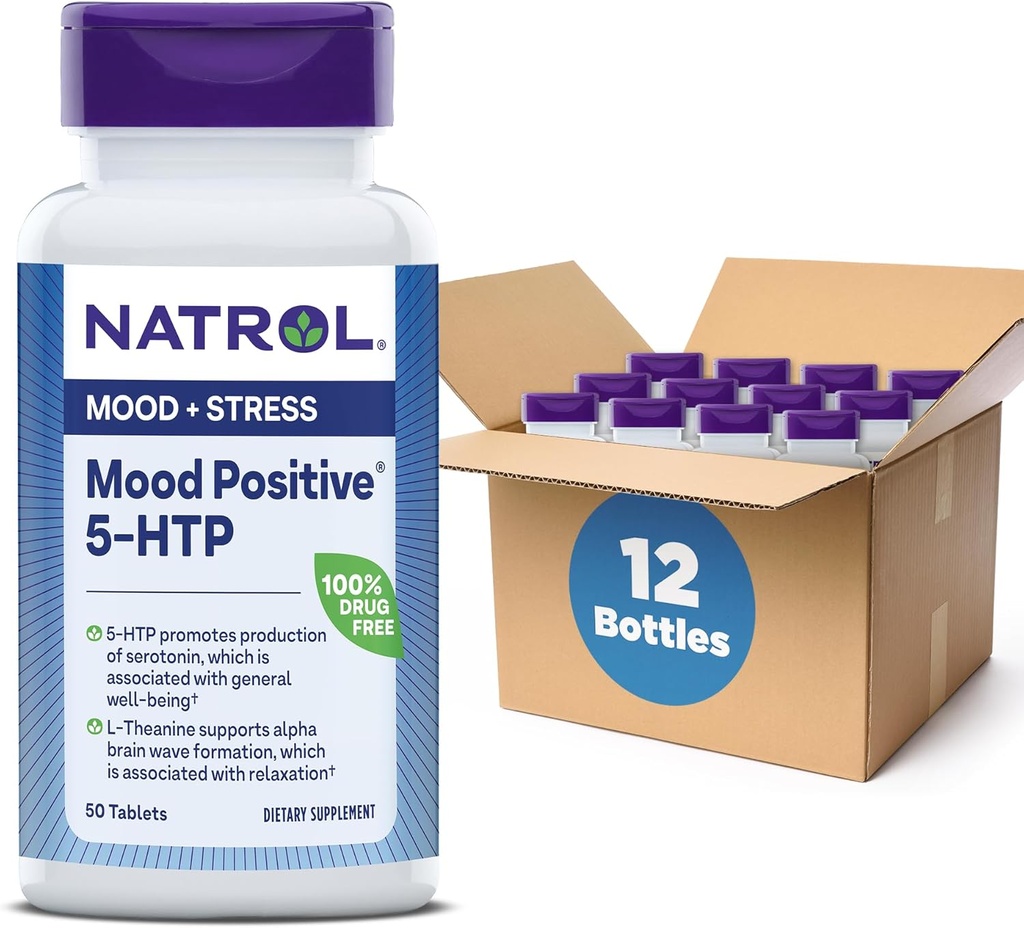 Natrol Mood Positive 5-HTP 50mg with L-Theanine, Vitamin B6, Vitamin B12 and Folate, Dietary Supplement Helps Support a Positive Mood, 50 Tablets, 25-50 Day Supply (Pack of 12)