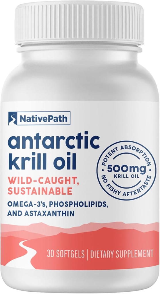 NativePath Wild-Caught Antártico Krill Oil 500mg - Premium Astaxanthin 200mcg Phospholipid-Bound Omega-3 EPA DHA - Fórmula GMP Certified Third Party Tested - 30 Softgels