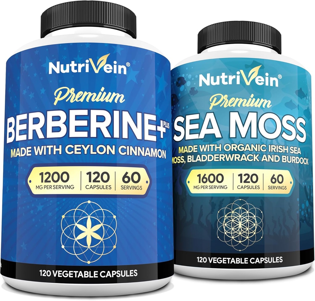 Nutrivein Premium Irish Sea Moss Capsules " Berberine Supplement Bundle: High-Absorption Sea Moss " Berberine Supplements Bundle for Digestion, Metabolism, " Vitality