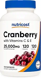 Nutricost Cranberry Extracto 25,000mg (120 Actuaciones) 2 Botellas con vitamina C y vitamina E