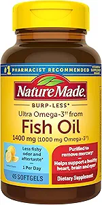 Nature Made Burp-Less Ultra Omega-3 de Fish Oil 1400 mg, Suplemento dietético para el soporte cardíaco saludable, 45 Softgels, 45 Day Supply