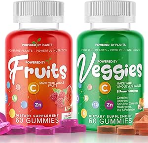 Frutas y Gummies Veggie para Adultos - Superalimentos Naturales con Vitaminas, Minerales, & Antioxidantes - Suplemento Frutas y verduras - Accionado por Plantas, Pack de 2, 60 Gummies Cada, 30-Day Supply