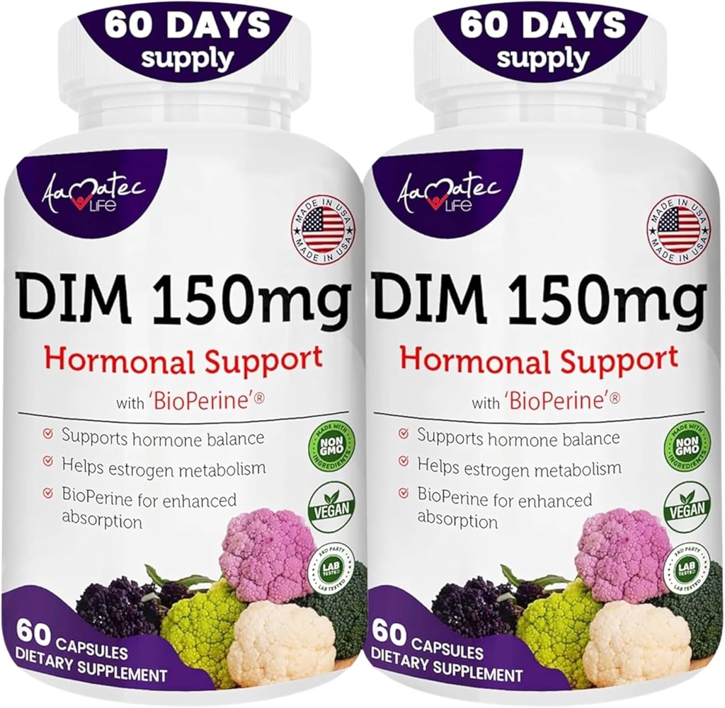 Complejo DIM femenino 150mg - Biperina Estrógeno Balancing Pills for Menopause " Hot Flashes Relief Support Hormonal Acne Powerful Supplement - 60 cápsulas - Made in USA