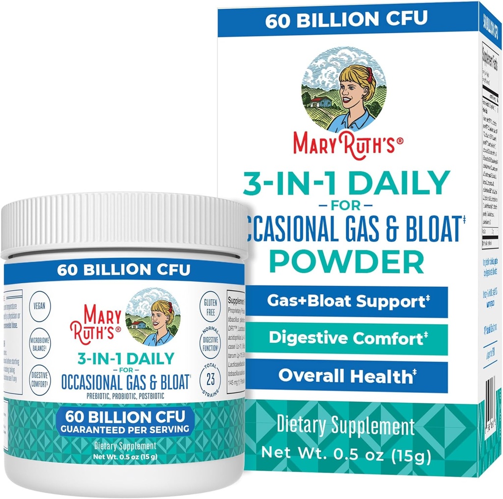 MaryRuth Organics 3-in-1 Gas & Bloat Probiotics ← Probióticos para la Función Digestiva Normal Silencio Probióticos para Mujeres &amp; Hombres Silencio Prebióticos &amp; Postbióticos ← 60 Billion CFU