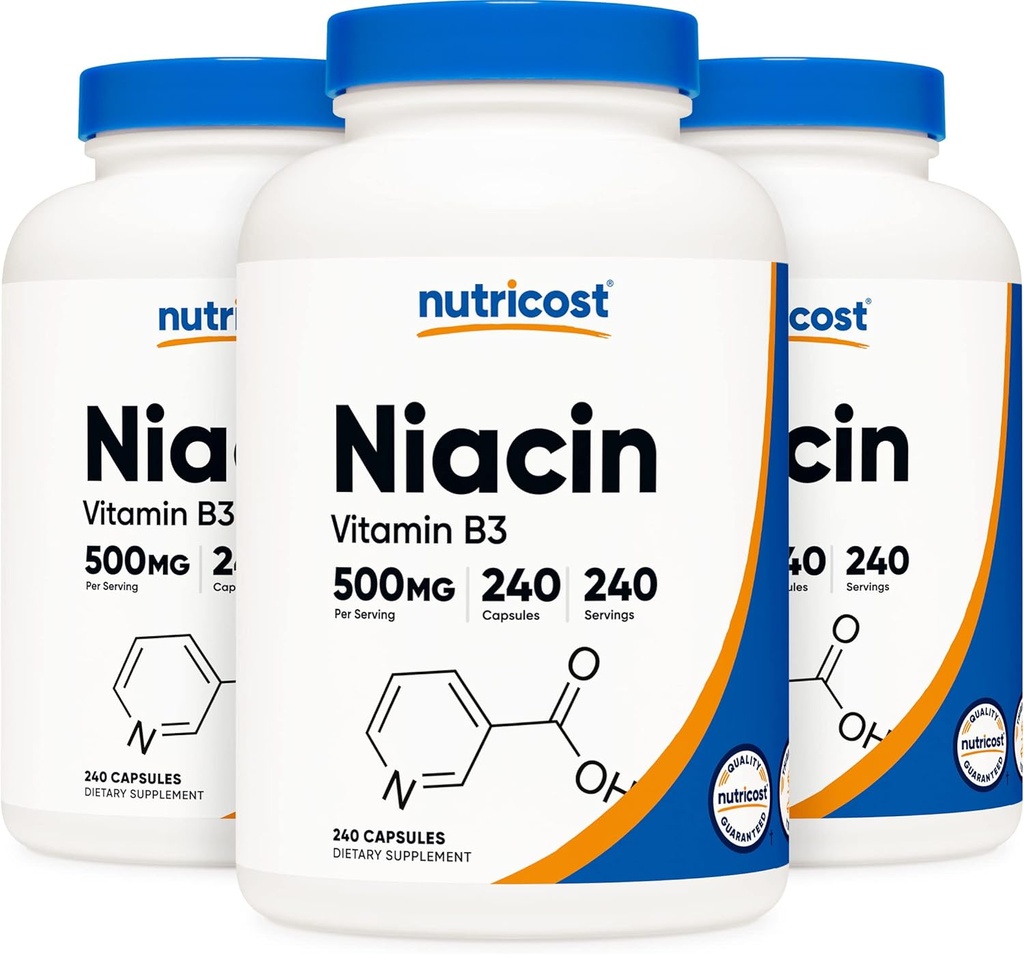 Nutricost Niacin (Vitamin B3) 500mg, 240 cápsulas (3 botellas) - Niacin Flush