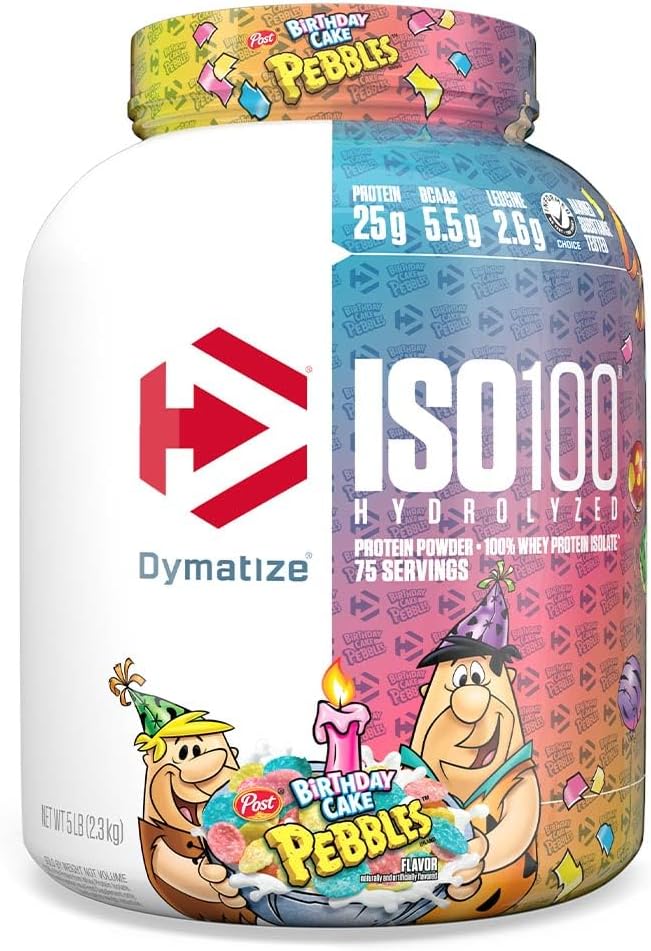 Dymatize ISO100 Whey Protein Powder Isolate, Pastel de Cumpleaños, 25g de Proteína, 5 libras, 5.5g BCAAs, Menos Than 120 Cal., Gluten Free, 1g Fat, 1g Sugar, 2g Carb (75 Servings)