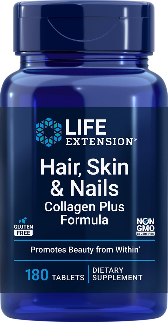 Extensión de la vida Pelo, piel &amp; uñas Collagen Plus Fórmula, 180 Tabletas