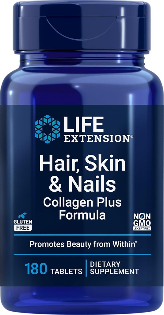 Extensión de la vida Pelo, piel &amp; uñas Collagen Plus Fórmula, 180 Tabletas
