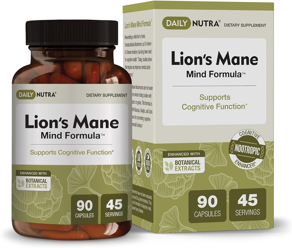 DailyNutra Lion’s Mane Mind Fórmula - Suplemento Nootrópico para la salud cerebral cognitiva ← Extracto orgánico del hongo con Bacopa, Gingko y Gota Kola (90 cápsulas)