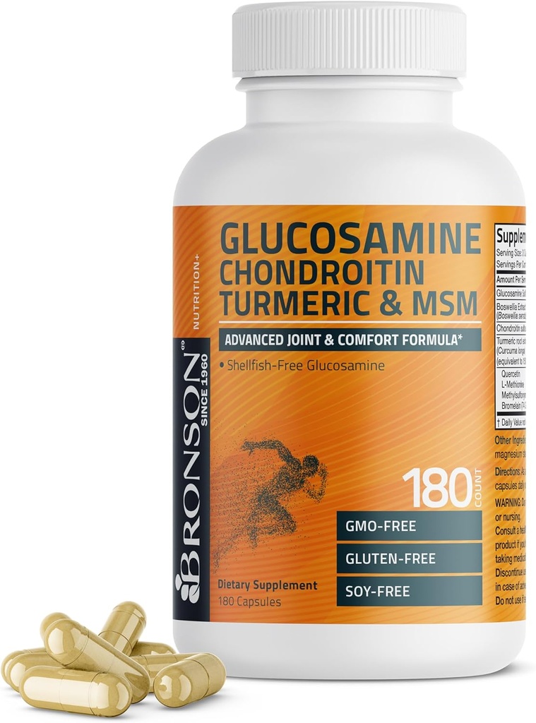 Bronson Glucosamine Chondroitin Turmeric " MSM Advanced Joint " Cartilage Formula, Supports Healthy Joints, Mobility & Cartilage - Non-GMO, 180 Capsules