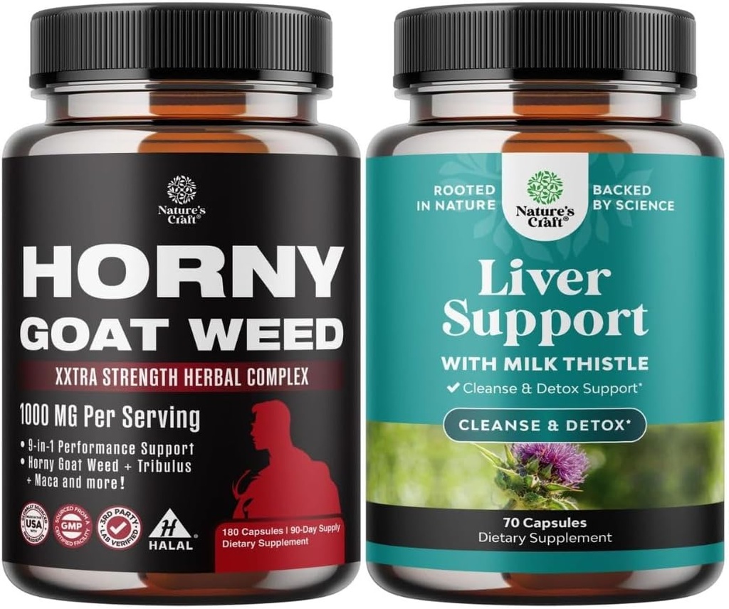 Bundle of Horny Goat Weed for Men - Extra Strength Male Supplement for Stamina & Energy and Liver Cleanse Detox & Repair - Silymarin Milk Thistle with Dandelion Root Choline Beetroot Artichoke Extract
