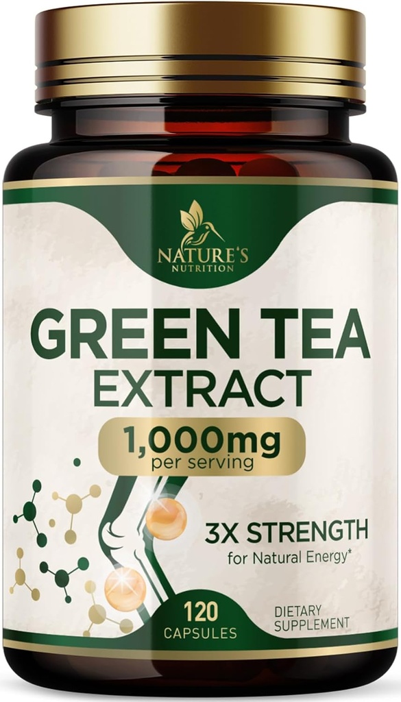 Extracto de té verde cápsulas 1000 mg - Estándarizado 45% EGCG & 98% Polyphenols - 3X Strength Green Tea Pills for Natural Energy - Apoya la salud del corazón, Suplemento herbal, Vegan, No GMO - 120 cápsulas