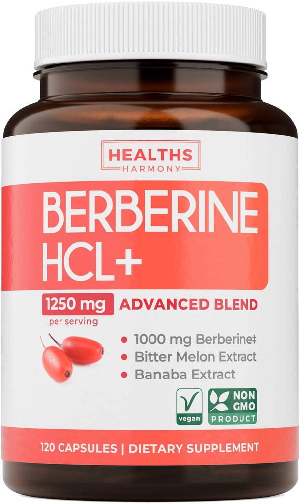 Suplemento de bereberina (No-GMO " Vegetariano) Berberine HCL Plus Bitter Melon " Banaba Leaf Extract Capsules - Berberine 500mg Cada uno, 1000mg Por Serve - AMPK Metabolic Activator - 120 caps (No Pills)