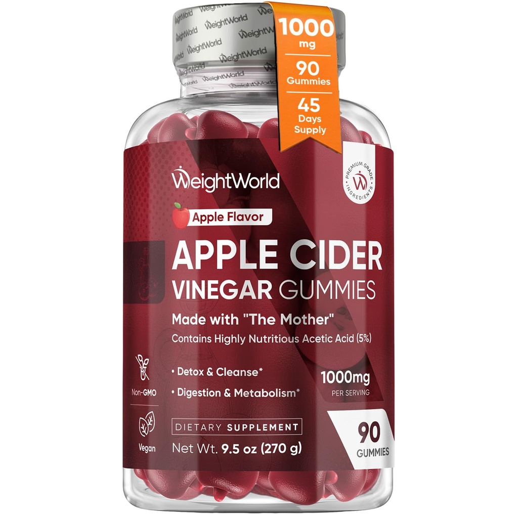 WeightWorld Apple Cider Vinegar Gummies 1000mg with The Mother + VIT C, B12-9-6, Beetroot | ACV Gummies - Digestion, Metabolism, Detox & Cleanse | Vegan Apple Cider Vinegar with Mother, 90 Count