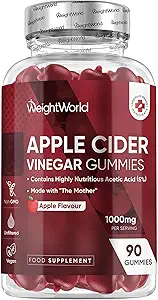 Vinagre de la sidra del mundo de peso con la madre 1000mg - 90 Gummies - Vitamina Añadida B6, B12, B9 ( Ácido de alimentos) " C para desintoxicación, limpieza, digestión " metabolismo - sabor natural de la manzana deliciosa